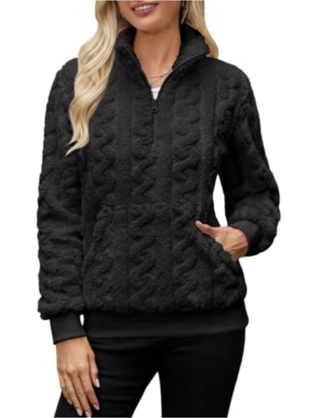 Fuzzy Cable Knit Half Zip Stand Collar Pullover Sweatshirt